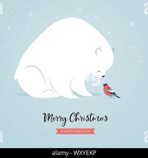 Simpatico orso polare e bullfinch, inverno e di Natale scena. Perfetto per banner, biglietto di auguri, abbigliamento e design etichetta. Illustrazione Vettoriale Illustrazione Vettoriale