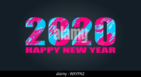 2020 Iscrizione tipografiche su uno sfondo nero. Felice anno nuovo 2020. Banner, flyer, Felice Anno Nuovo. Luminose i tratti di pennello Illustrazione Vettoriale