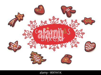 Panificio di natale con pan di zenzero - decorative per banner orizzontale e carte Illustrazione Vettoriale