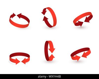 3D Rotation segno icona rossa. 360 frecce di rotazione segno. Illustrazione Vettoriale