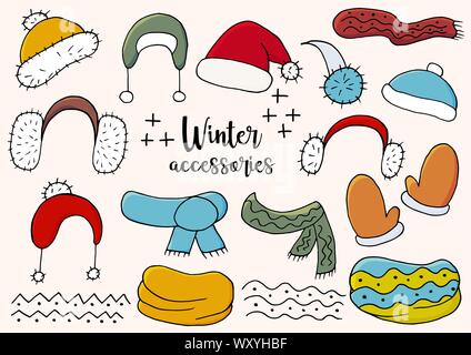 Accessori d'inverno. Stagione invernale degli elementi per il tuo design. Una collezione di cappelli, sciarpe, snood, muffole, isolate e raggruppate. Luce e ombra Illustrazione Vettoriale