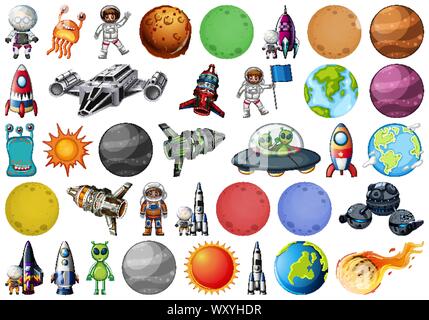 Gruppo di pianeti e lo spazio obejcts illustrazione Illustrazione Vettoriale