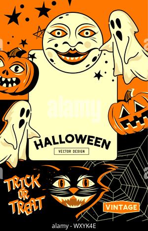 Un vintage e stile retrò Festa di halloween invito sfondo con classici segni e simboli compresi i fantasmi, zucche e un gatto nero. Vector illu Illustrazione Vettoriale