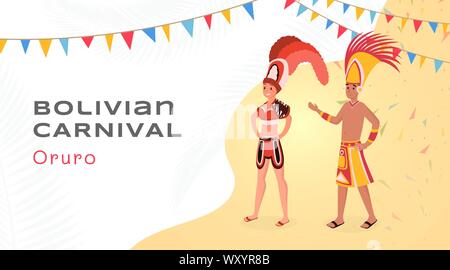 Festival boliviano flat banner template vettoriale. Happy latino intrattenitori di autentici costumi azteca i personaggi dei cartoni animati. National south american holiday, tradizionale Oruro parte layout poster Illustrazione Vettoriale