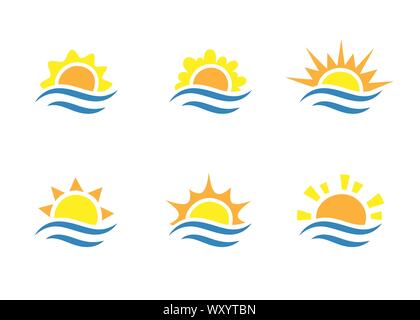 Sunrise e mare cartoon temlates logo collection. Onde di acqua e di sunbeam set di icone. Agenzia di viaggi concetto , estate illustrazione Illustrazione Vettoriale