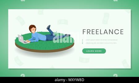 Piatto Freelance landing page template vettoriale. Remote Job, lavoro a distanza, sito web pagina web design verde concetto con pulsanti. Libero professionista donna che lavorano con il computer portatile su erba personaggio dei fumetti Illustrazione Vettoriale