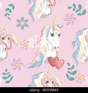 Carino unicorns seamless pattern. I bambini con pattern unicorns, fiori, palloncini, nuvole e rainbow Illustrazione Vettoriale