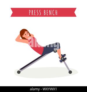 Premere panca piana di allenamento illustrazione vettoriale. Giovane donna in abbigliamento sportivo, fitness trainer lavora fuori personaggio dei fumetti. Muscoli addominali esercizio, uno stile di vita sano, allenamento fisico banner Illustrazione Vettoriale