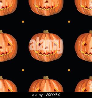 Vettore di Halloween seamless pattern con zucca arancione con sorriso spaventoso iolated su sfondo nero Illustrazione Vettoriale