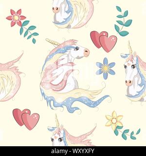 Carino unicorns seamless pattern. I bambini con pattern unicorns, fiori, palloncini, nuvole e rainbow Illustrazione Vettoriale