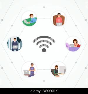 Rete globale piatta illustrazione vettoriale. Accesso wireless a internet, connessione per liberi professionisti e lavoratori in remoto gli utenti. Freelance, lavoro a distanza e comunicazione on line Concept cartoon Illustrazione Vettoriale