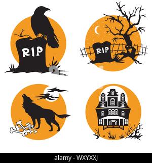 Set di vettore per la festa di Halloween, quattro illustrazione di piccole dimensioni con caratteri di Halloween (raven seduto sulla tomba, tomba con una paura albero morto, un lupo ululati su Illustrazione Vettoriale