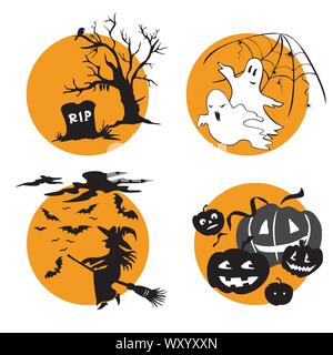 Set di vettore per la festa di Halloween, quattro illustrazione di piccole dimensioni con caratteri di Halloween (Fantasmi con il web, strega a volare su una scopa, tomba con un albero morto Illustrazione Vettoriale