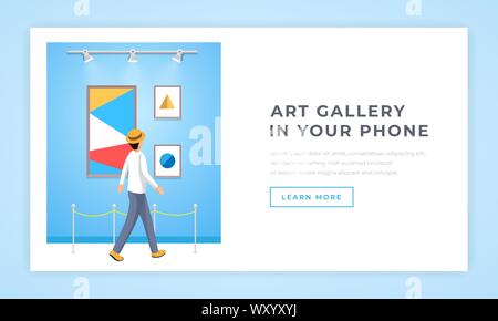 Galleria d'arte contemporanea app promo landing page. Maschio mostra museo il visitatore guardando quadri astratti personaggio dei fumetti. Illustrazione Di Digital collection sito web pagina layout di progettazione Illustrazione Vettoriale