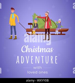 Avventura natalizia banner piana template vettoriale. La famiglia felice, sorridente i genitori con bambini piccoli acquisti abete i personaggi dei cartoni animati. Anno nuovo, xmas greeting card layout con illustrazione piatta Illustrazione Vettoriale