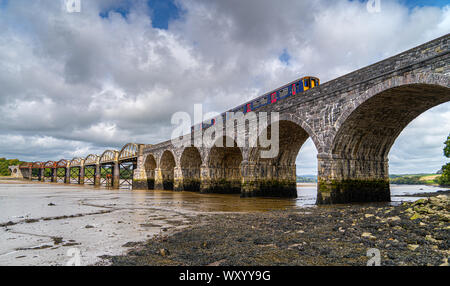 Ponte Ferroviario sul fiume Tavy Dartmoor Devon Plymouth per la valle Tamar ferrovia passeggeri con il treno sul ponte Foto Stock