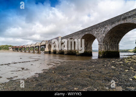 Ponte Ferroviario sul fiume Tavy Dartmoor Devon Plymouth per la valle Tamar ferrovia passeggeri con il treno sul ponte Foto Stock