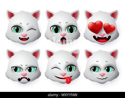 Emoticon cat vettore faccia set.Kitty gatti emojis testa in facce carine con divertenti e espressione inlove per la raccolta isolato in uno sfondo bianco. Illustrazione Vettoriale