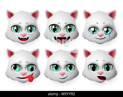 Emojis cat vector set. Carino gatti faccia le emoticon e icona nella fame e pianto di emozione per i segni e i simboli isolato in uno sfondo bianco. Illustrazione Vettoriale