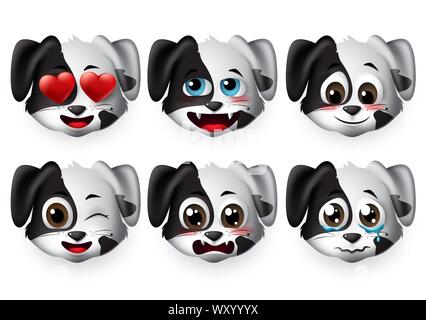 Cane vettore di emoticon set. Grazioso cucciolo cani faccia le emoticon e emojis in divertenti e timido le espressioni facciali isolato in uno sfondo bianco. Illustrazione Vettoriale
