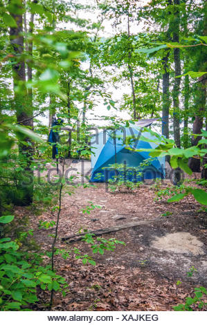 Tenda nella foresta sul campeggio in riva al lago Foto stock Tenda nella foresta sul campeggio in riva al lago Foto stock